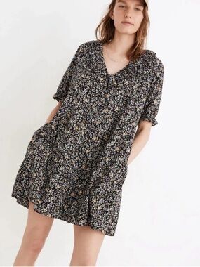 Madewell Floral Mini Dress Womens XS Black Ditsy Ruffle Neck Babydoll